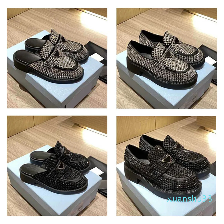 

New Triangle Casual Shoes Women Flat Shoes Rhinestone Thick Sole Outdoor loafer Shoes Square Toe Black Brown Muller Sandals Soft Sole Spring size 35-41