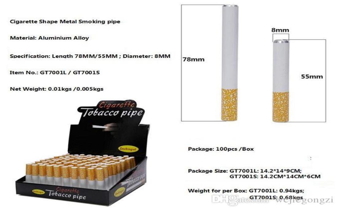 

In Stock Aluminium Alloy Cigarette Shape Smoking Pipe One Hitter Bat metal Dugout 100pcs Box 78mm 55mm Length Metal Pipes Tobacco 6714594