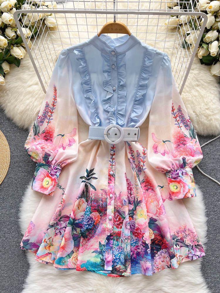 

Casual Dresses Autumn Elegant Short Dress Women' Linen Stand Long Lantern Sleeve Flower Print Ruffles Buttons Sashes Mini Vestidos, Blue