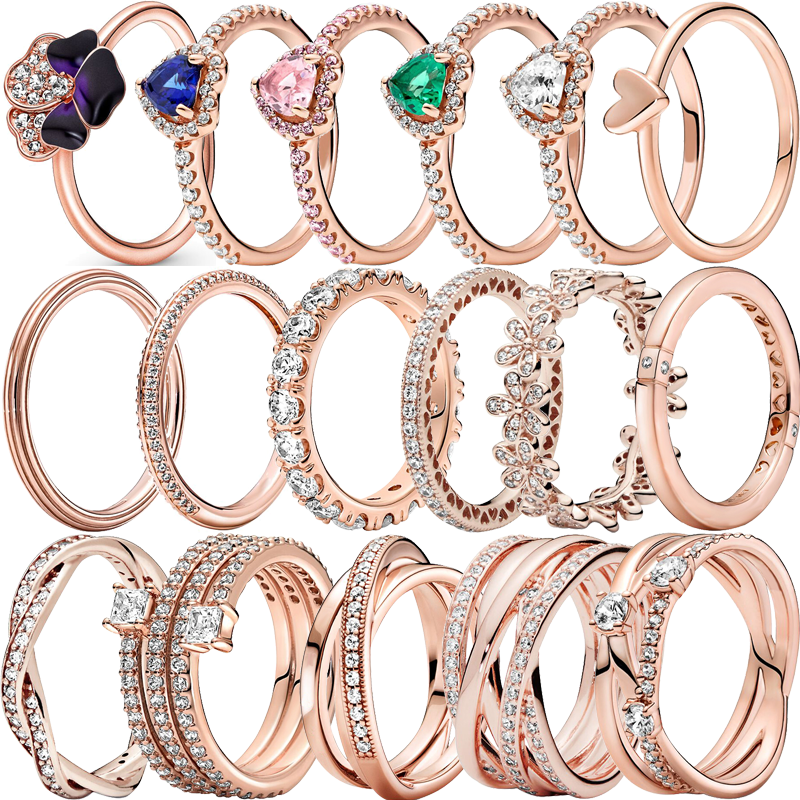

2023 New 925 Pure Silver Purple Flower Transparent Heart -shining Rose Gold Ring Ladies Exquisite Pandora Jewelry DIY Gift
