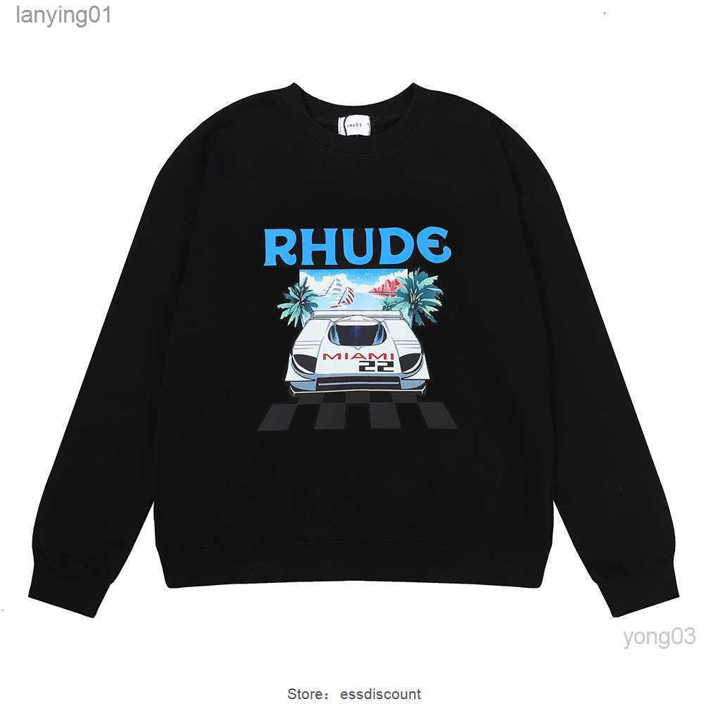 

American Fashion Brand Rhude Men's Hoodies Sweatshirt Formula F1 Racing Miami Station Limited Print Round Hoodie for Men, Black