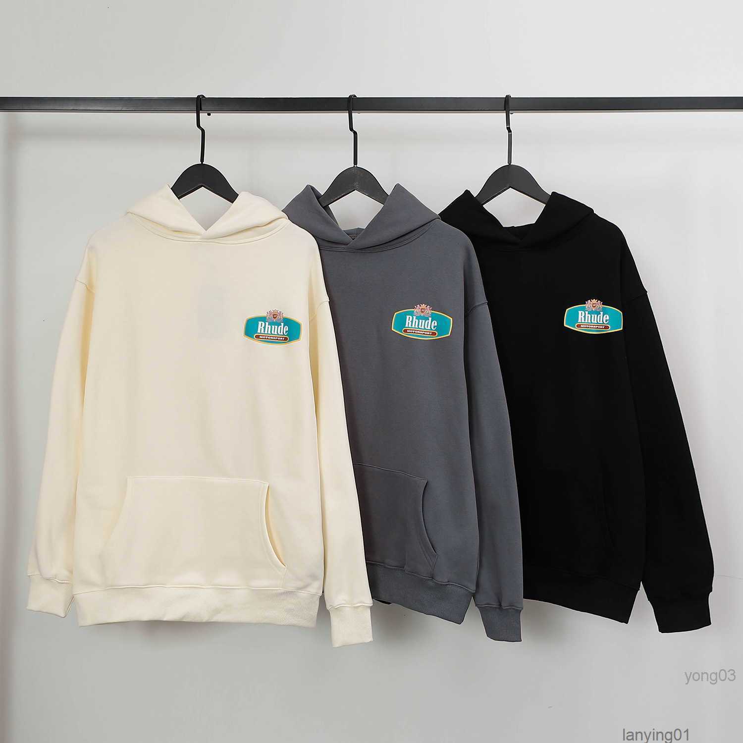 

Rhude Fashion Racing Crest Alphabet Printing Plush Hoodie Sweatshirt for Men, Gray