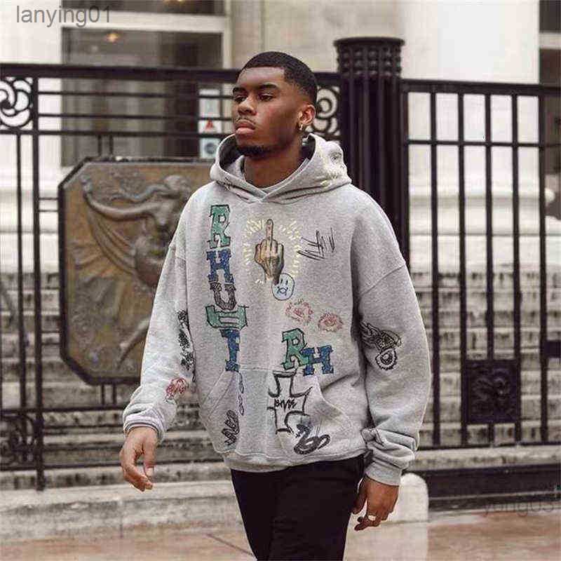 

Rhude Hoodie Hand-painted Graffiti Pullover High Street Men's Loose Sports, Gray