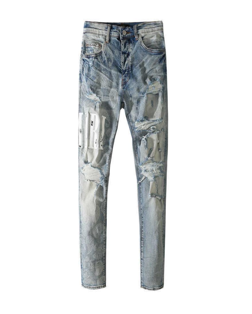 

Men039s Jeans Amri Ripped Pants Fashion Hip Hop Blue Cow with Holes Stickers Leather Letters Slim Skinny High Street Brand Fit 2994377, Light blue