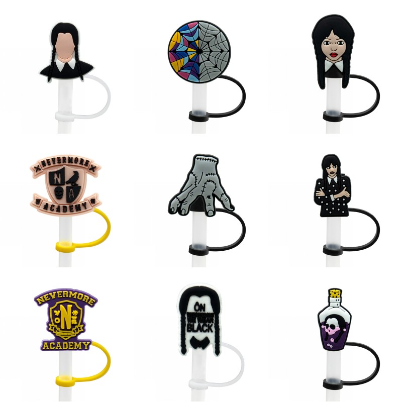 

wednesday adams family straw cover topper silicone accessories cover charms reusable splash proof drinking dust plug decorative DIY your own 8mm straw