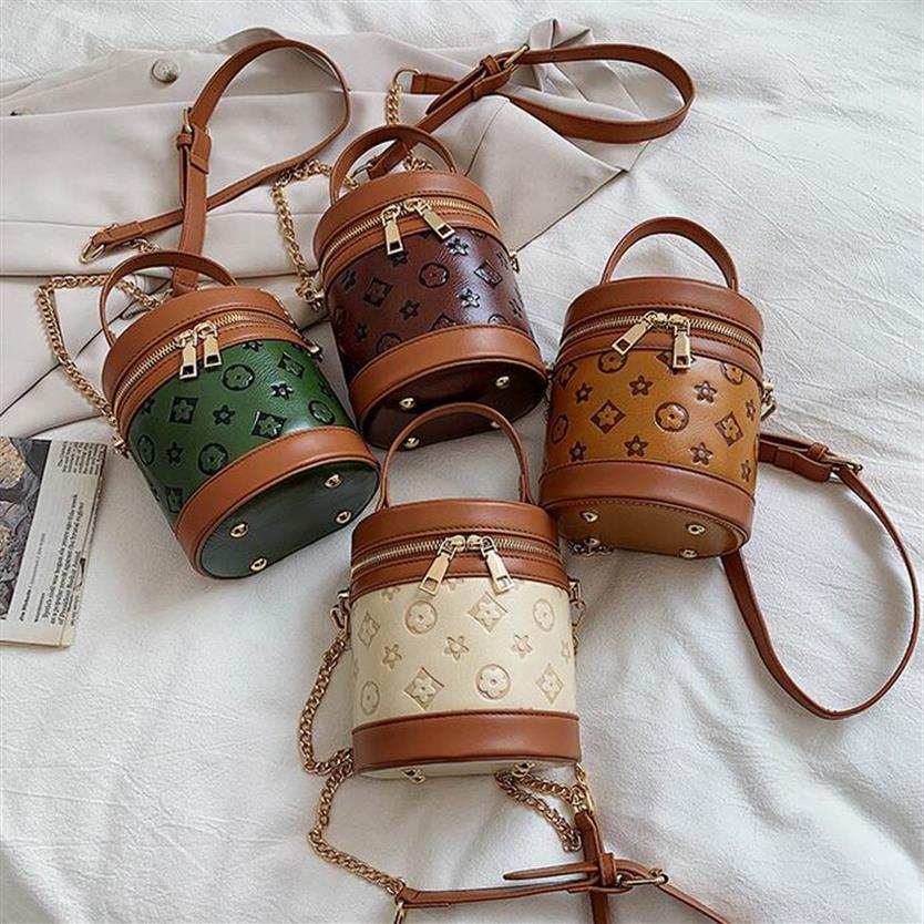 

4colors Leather Desinger KidsFlower Print Chain Handbags Embossing circular Bucket Bags PU Messenger coin purse single shoulder ba198x, Beige