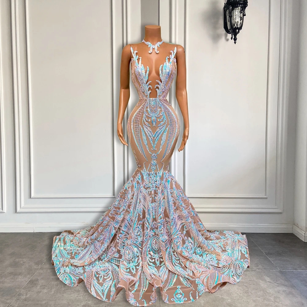 

Long Sparkly Prom Dresses 2023 Sheer O-neck Sleeveless Real Picture African Black Girls Mermaid Evening Gala Gowns BC10728 GJ0318, Light purple