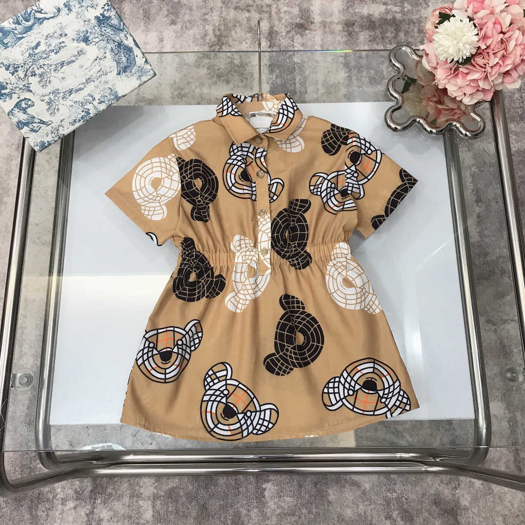 

23ss Designer brand kids dress girls Fashion lapel Short sleeve Waist dresss Teddy bear print dresses classic skirt Baby Clothes