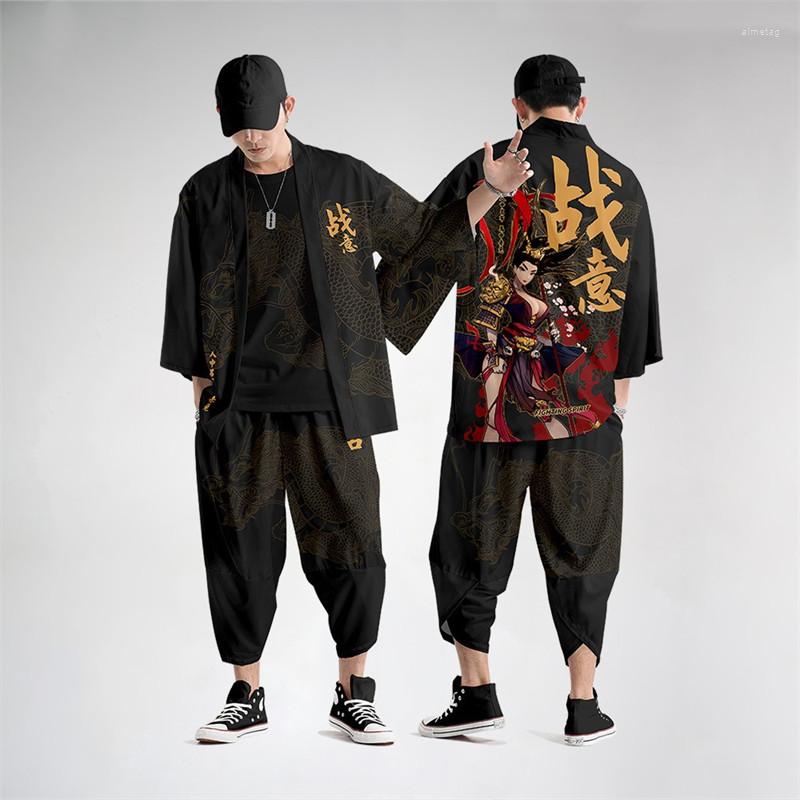 

Men's Tracksuits Chinese Anime Print Kimono Cardigan Men Japanese Traditional Casual Loose Two Piece Suit Coat And Pants Asian Clothes, Tz-001