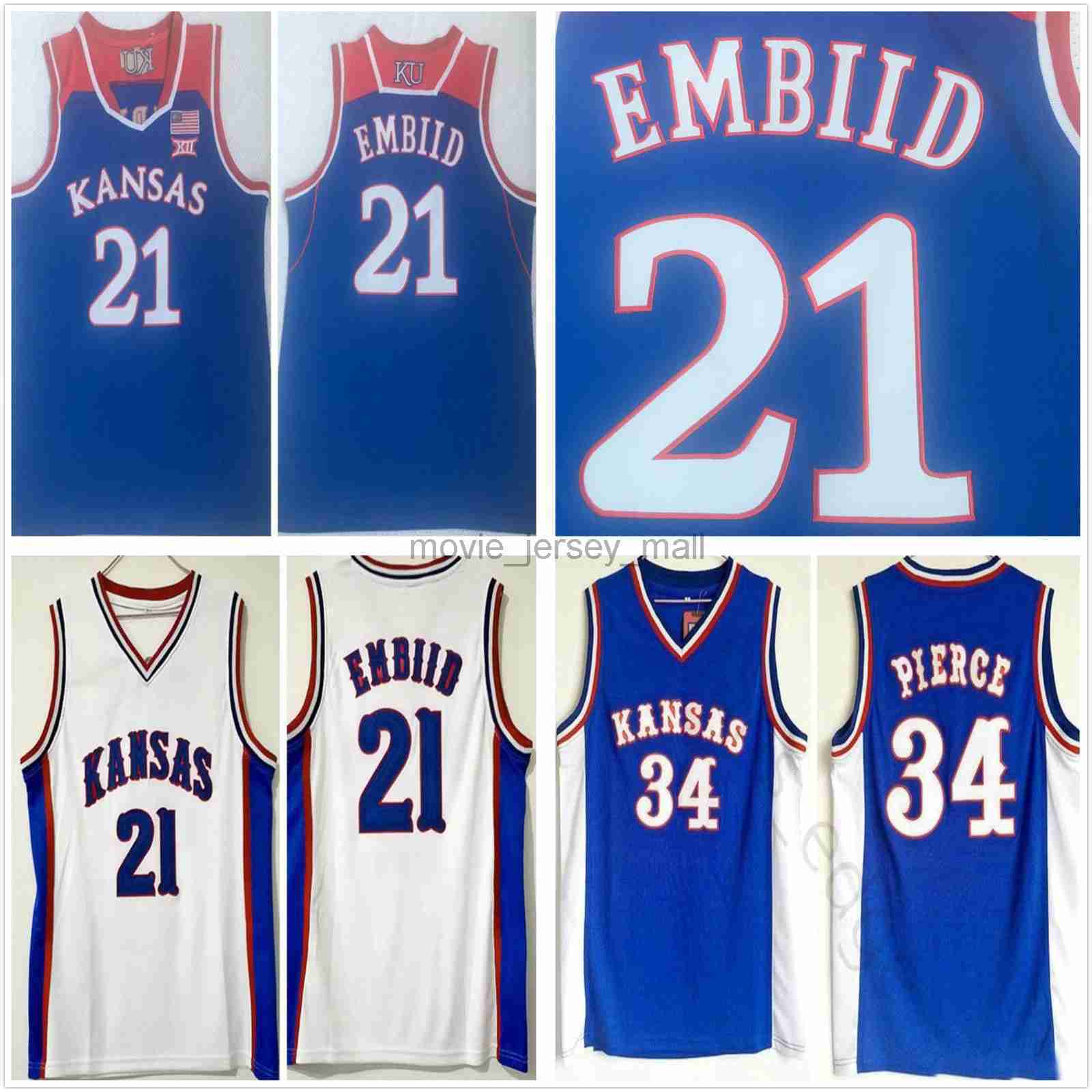 

NCAA Kansas Jayhawks College Basketball Jerseys Joel 21 Embiid Vintage Paul 34 Pierce Jersey Blue Shirts S-2XL