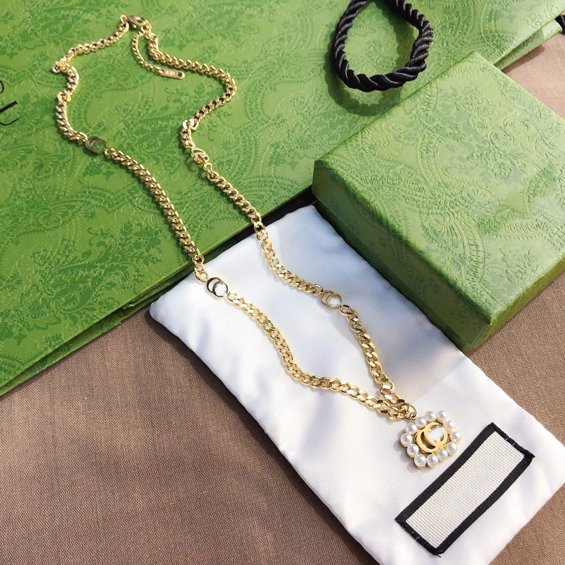 

Luxury Design Necklace 18K Gold Plated Stainless Steel Necklaces Choker Chain Pearl Double Letter Pendant Fashion Womens Wedding Jewelry Accessories X229