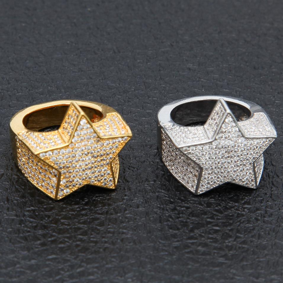 

Men's Fashion Copper Gold Color Plated Ring Exaggerate High Quality Iced Out Cz Stone Star Shape Ring Jewelry287e