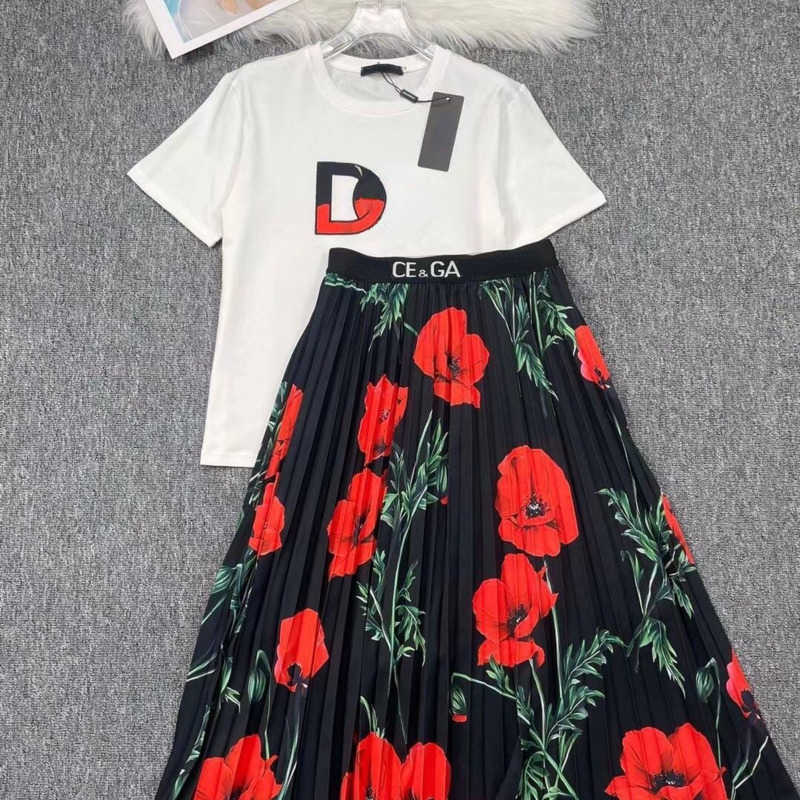 

Luxury Womens Clothing Designer T shirt Short Sleeve Top Long Slim skirt set Two Piece Set d 23 g Cotton Sweatshirt Fashion Flower Print A-line Skirt, Black