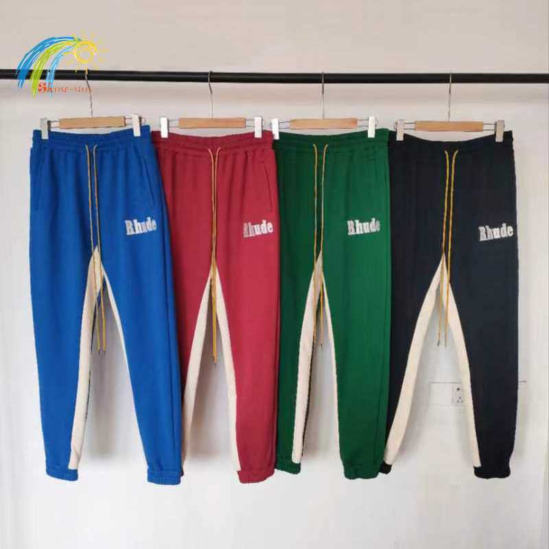 

2023 New Style Green Blue Red Black Patchwork Rhude Sweatpants Men Women 1 1 Jogger Cotton Embroidery Rhude Casual Pants