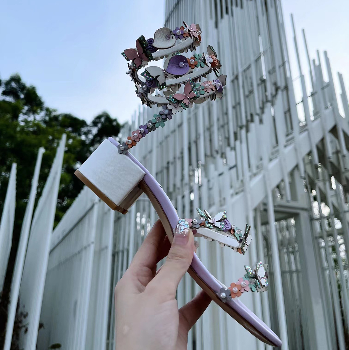 

High Rene Caovilla Heel Sandals Butterfly Flower Decorative 9.5CM Women Dress Shoes Snake Wrapped Feet Rings Summer Open Toe Pearl Designer 5FCB, 4#