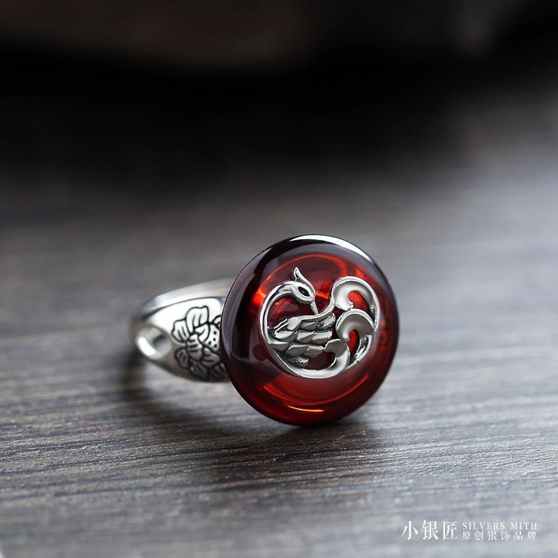 

Cluster Rings Natural Red Translucent Garnet Phoenix Flower Opening Adjustable Ring Chinese Retro Charm Women's Silver Jewelry