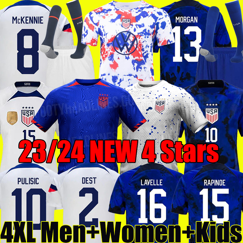 

4 Stars Women 2023 PULISIC USAS soccer jerseys united states 23/24 RAPINOE football shirt AARONSON REYNA McKENNIE MORRIS DEST YEDLIN Llanez ADAMS MORGAN men kids sock, 22-23 home kit