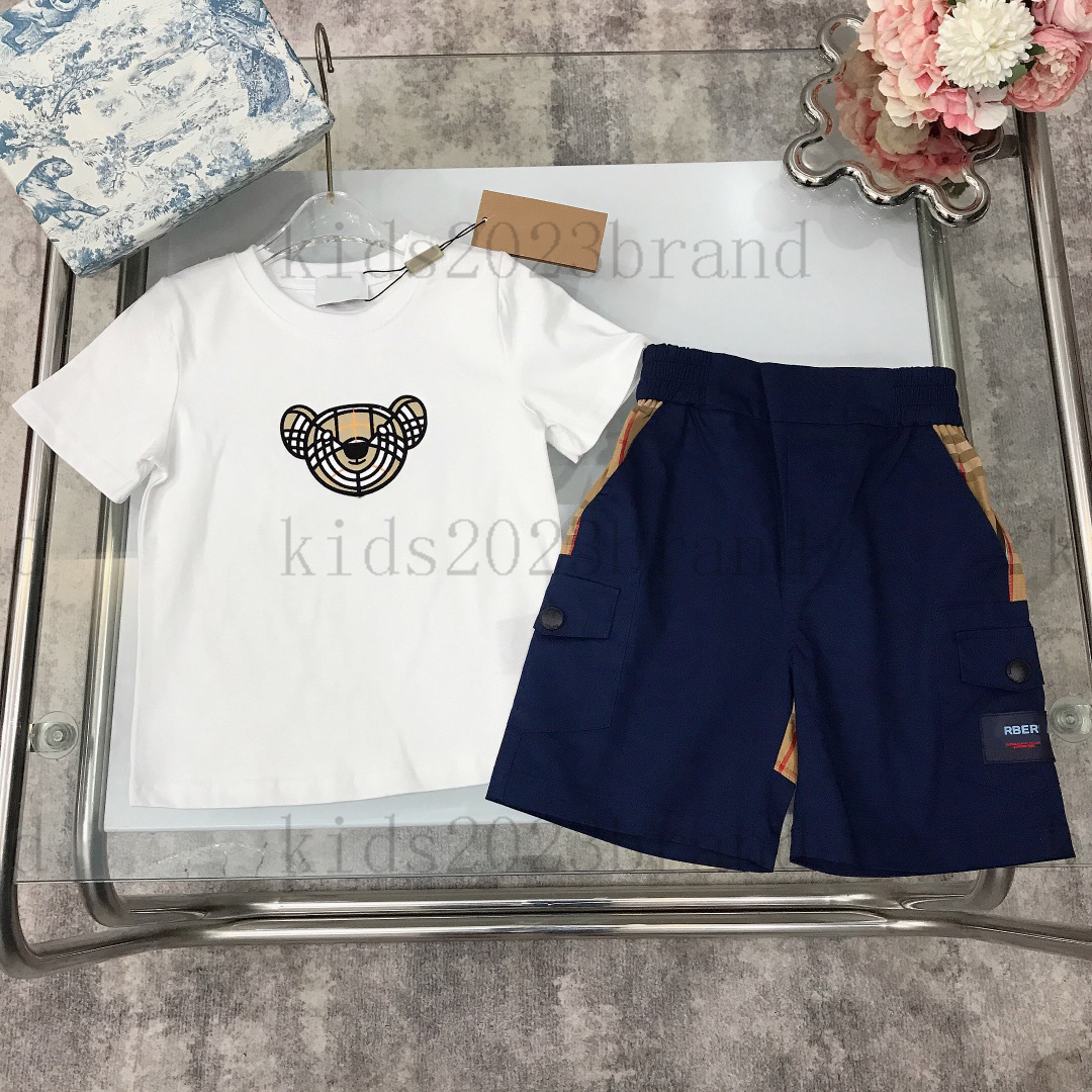 

2023 white fashion boys t shirts sets high end boys shorts sets brand designer kids sports sets summer children tracksuits soft t shirts with paneled denim shorts, 3#