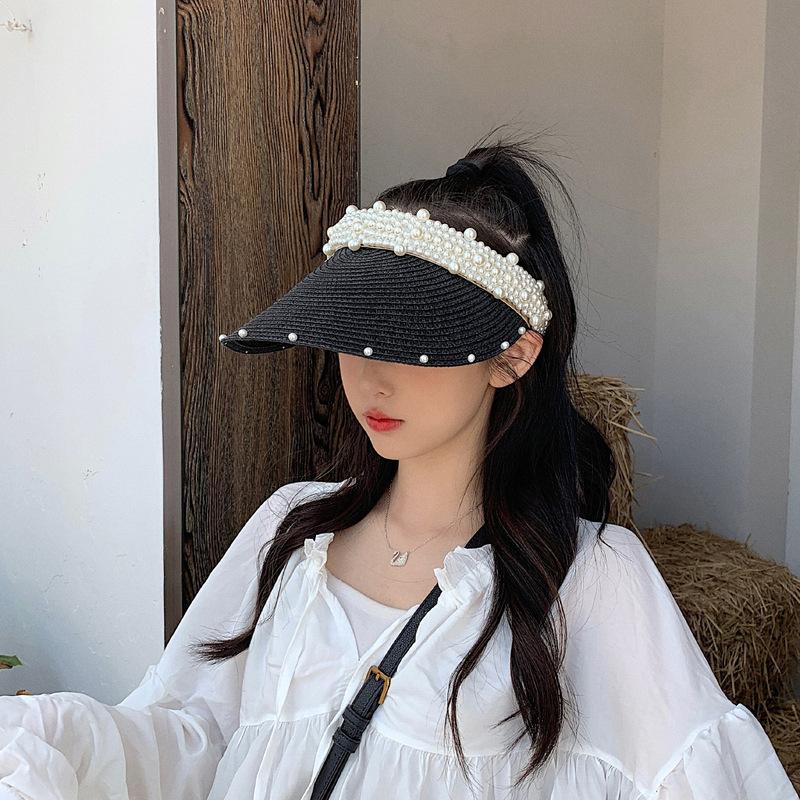 

Wide Brim Hats Women Pearl Empty Top Straw Hat For Casual Summer Beach Visor Caps Large Sun Protection Outdoor Sports Cap Zomer HatsWide, White