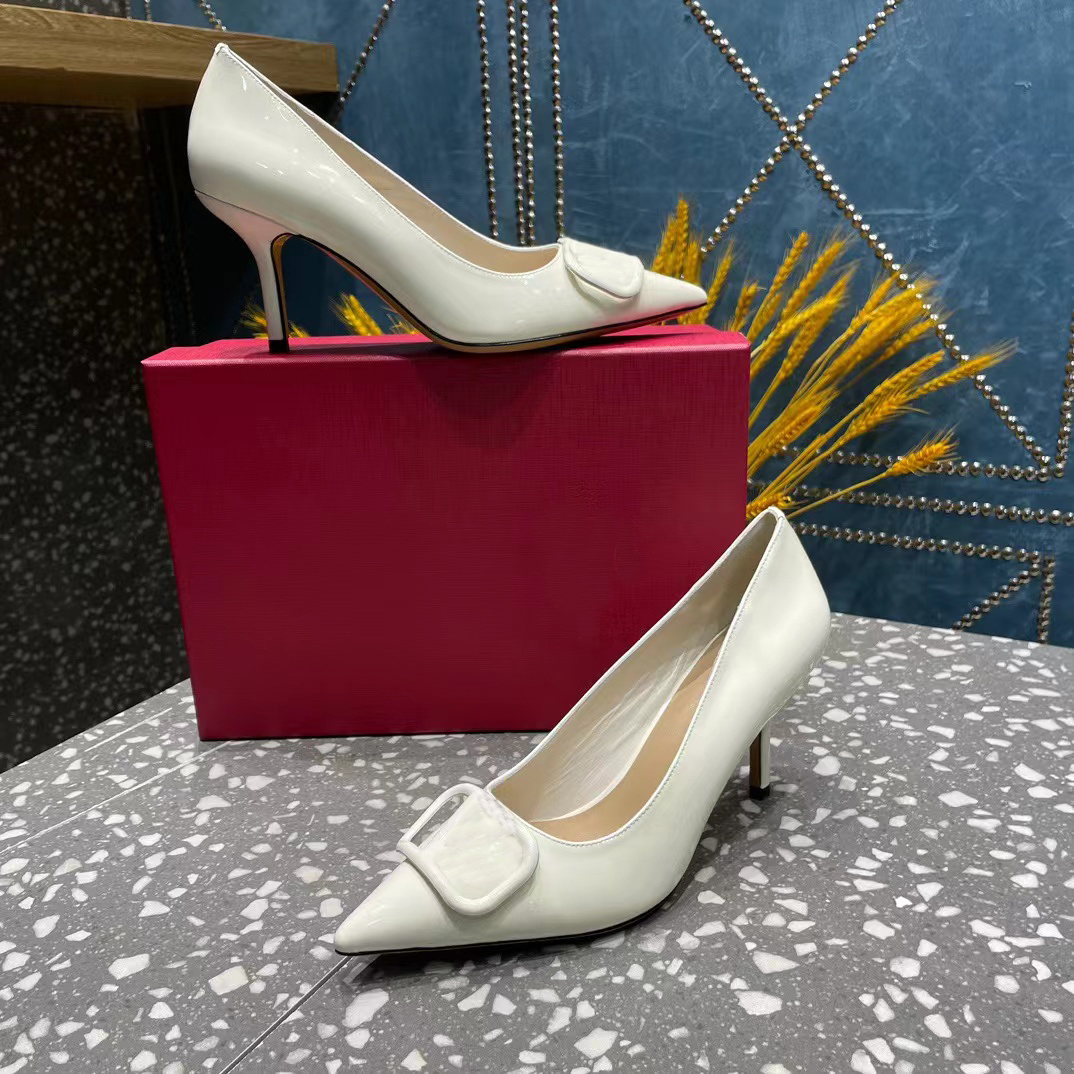 

Elegant Dress Shoes Designer High Heel Women Pointed Toe Wrapped Patent Leather Metal Button 8CM Wedding Shoe Party Toe Wrapped Factory shoes, Hyacinthine