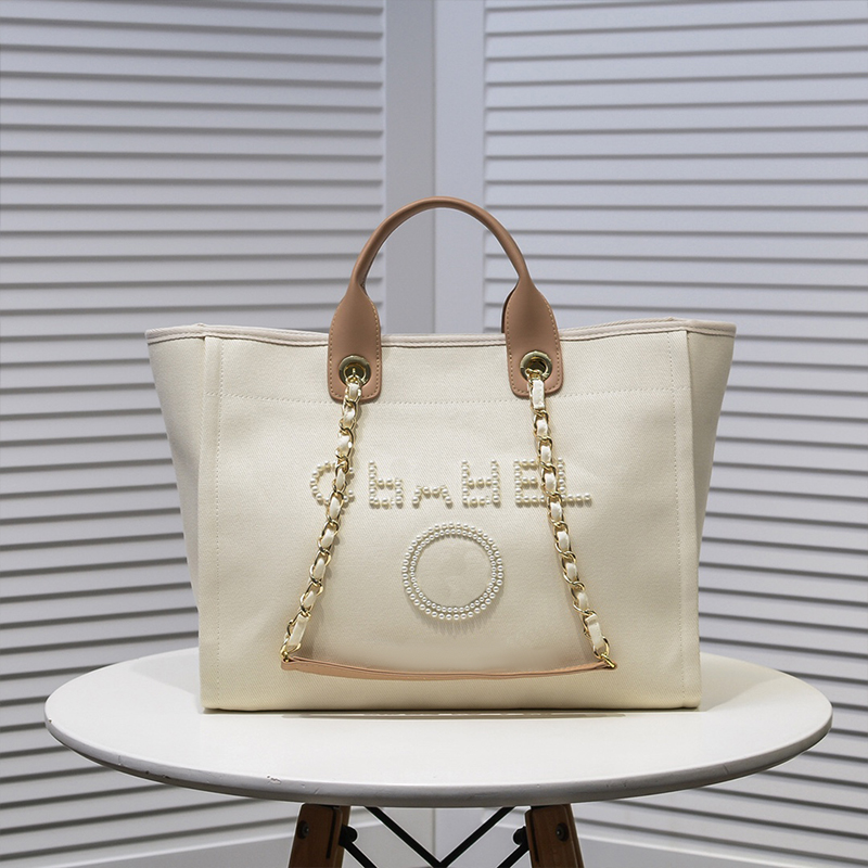 

Beach Bags Luxury tote bag handbag Designer Shoulder Bag women Shopping purse deauville CC pearl canvas crossbody Bag wallet beige travel pochette card holder 39CM, #2