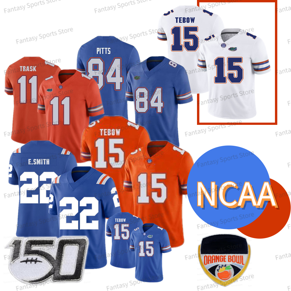 

Florida Gators 15 Tim Tebow E.Smith Jersey 84 Kyle Pitts Kyle 11 Trask Men NCAA College Football Jerseys Blue White Orange Patch, Men jersey