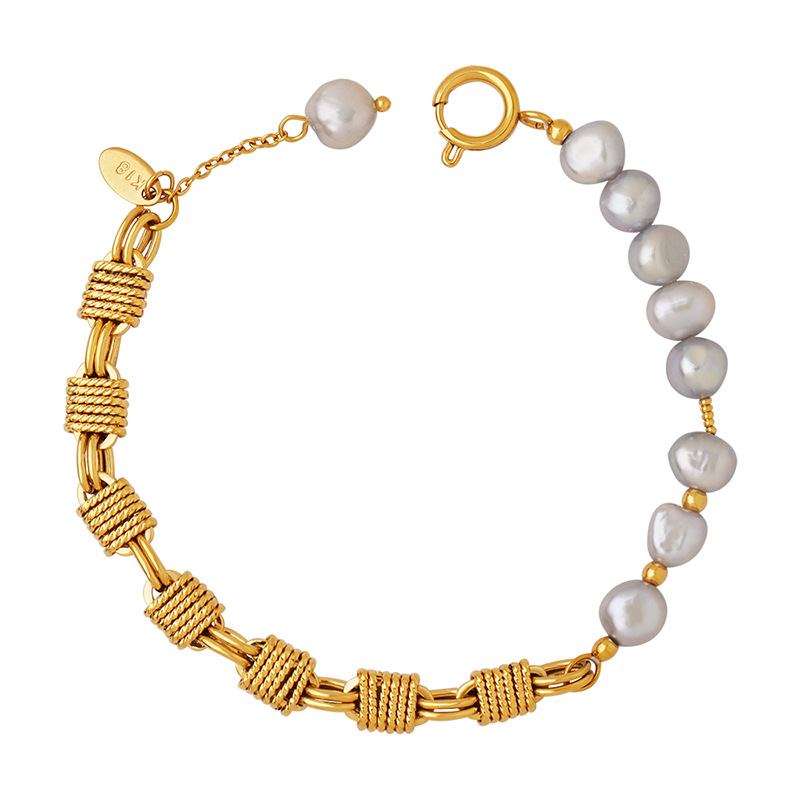 Vintage Charm Bracelets 18k gold plated copper chains with natural grey freshwater pearls beaded chain bracelet