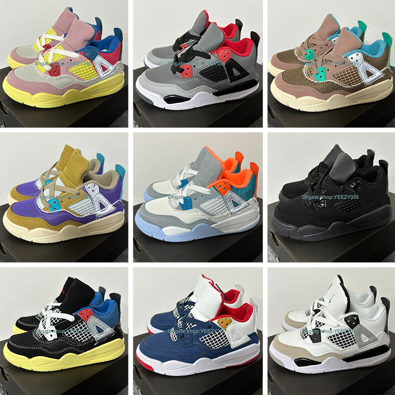 

Kids Jumpman 4s Basketball shoes Fire Red Messy Room Cool Grey Boy Girl Sneaker Infrared Desert Moss Taupe Haze Youth Trainers Military Black Children footwear, Color 2