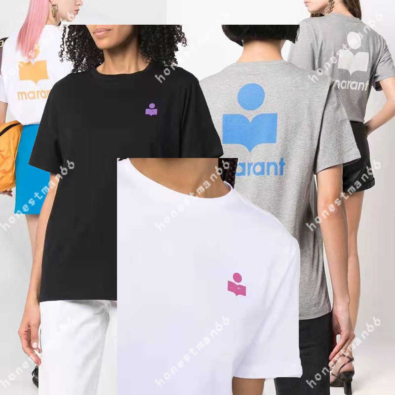 

23SS Isabel Marant Women Desginer Fashion Classic Cotton T shirt New IS Front and Back Size Printed Round Neck Women Short Sleeve T-shirt Five Colors Tee, Grey + blue print