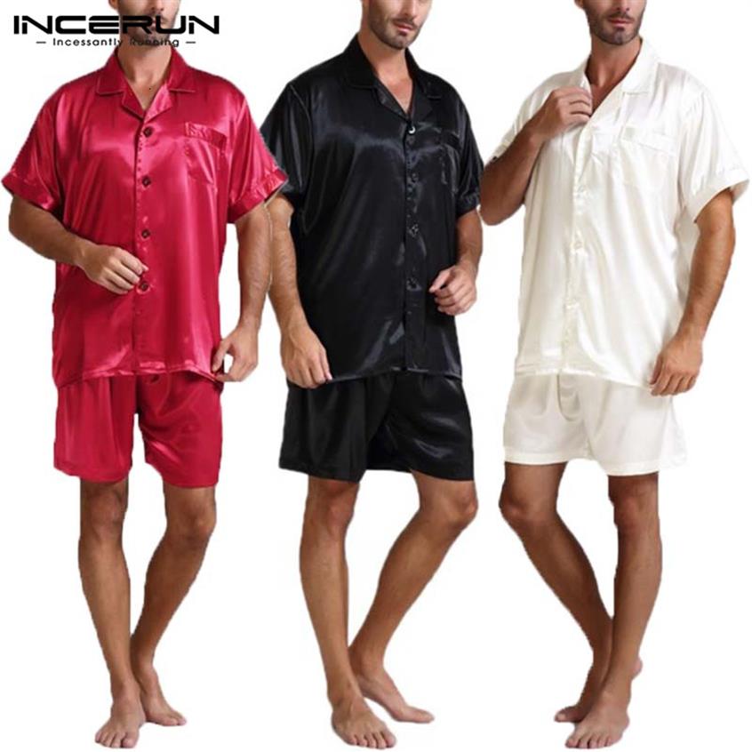 

Silk Satin Men Pajamas Sets Fashion Sleepwear Suit Soft Short Sleeve Homewear Tops Shorts Two Piece Men Loungewear Pajama -5XL T1302R, Black