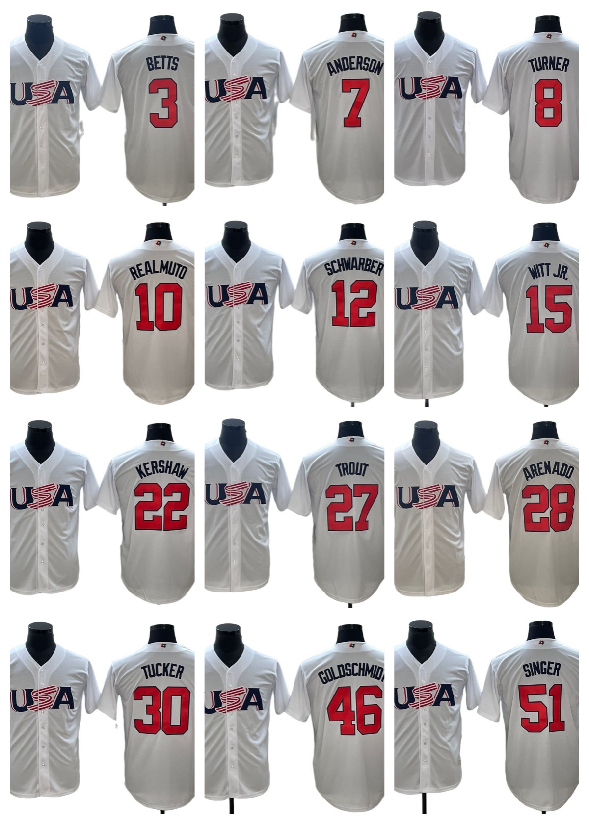 

Team USA 2023 World Baseball Classic WBC Baseball Jerseys 27 Mike Trout Nolan Arenado Pete Alonso 12 Kyle Schwarber Tim Anderson 5 Mookie Betts Clayton Men, As pic