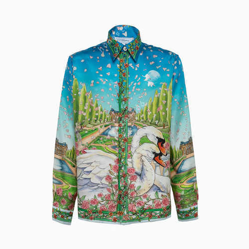 

23SS Casablanca Drop Feeling Satin Style Desginer Fashion Shirt Swan Castle Loose Men and Women Versatile Classic Brand Long-sleeved Shirt, Emerald green