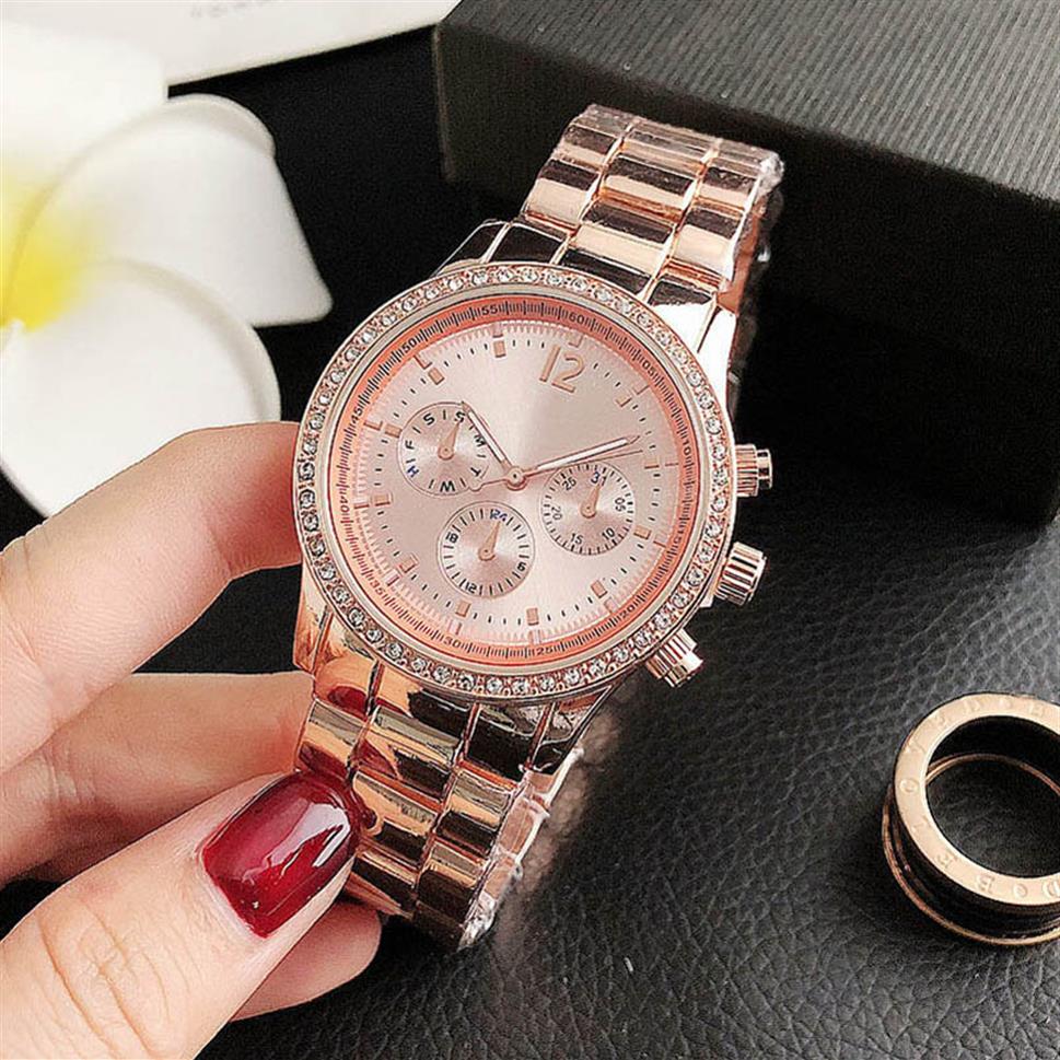 

Fashion Brand wrist watch for women Girl 3 Dials crystal style Steel metal band quartz watches 322254, Rose gold