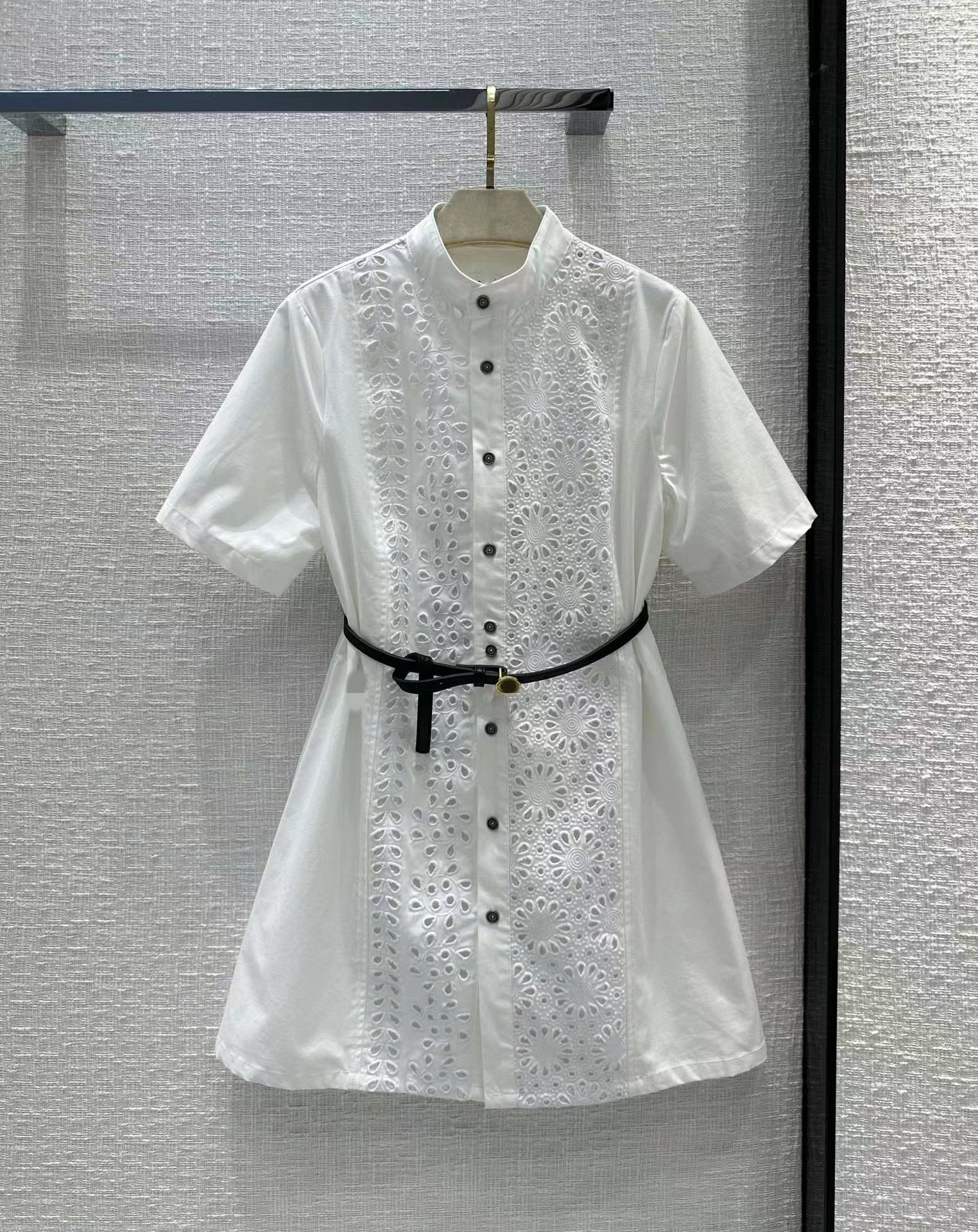 Milan Runway dresses 2023 Spring Summer Stand Collar Short Sleeve Designer Sundress Brand Same Style Dress 0319-5