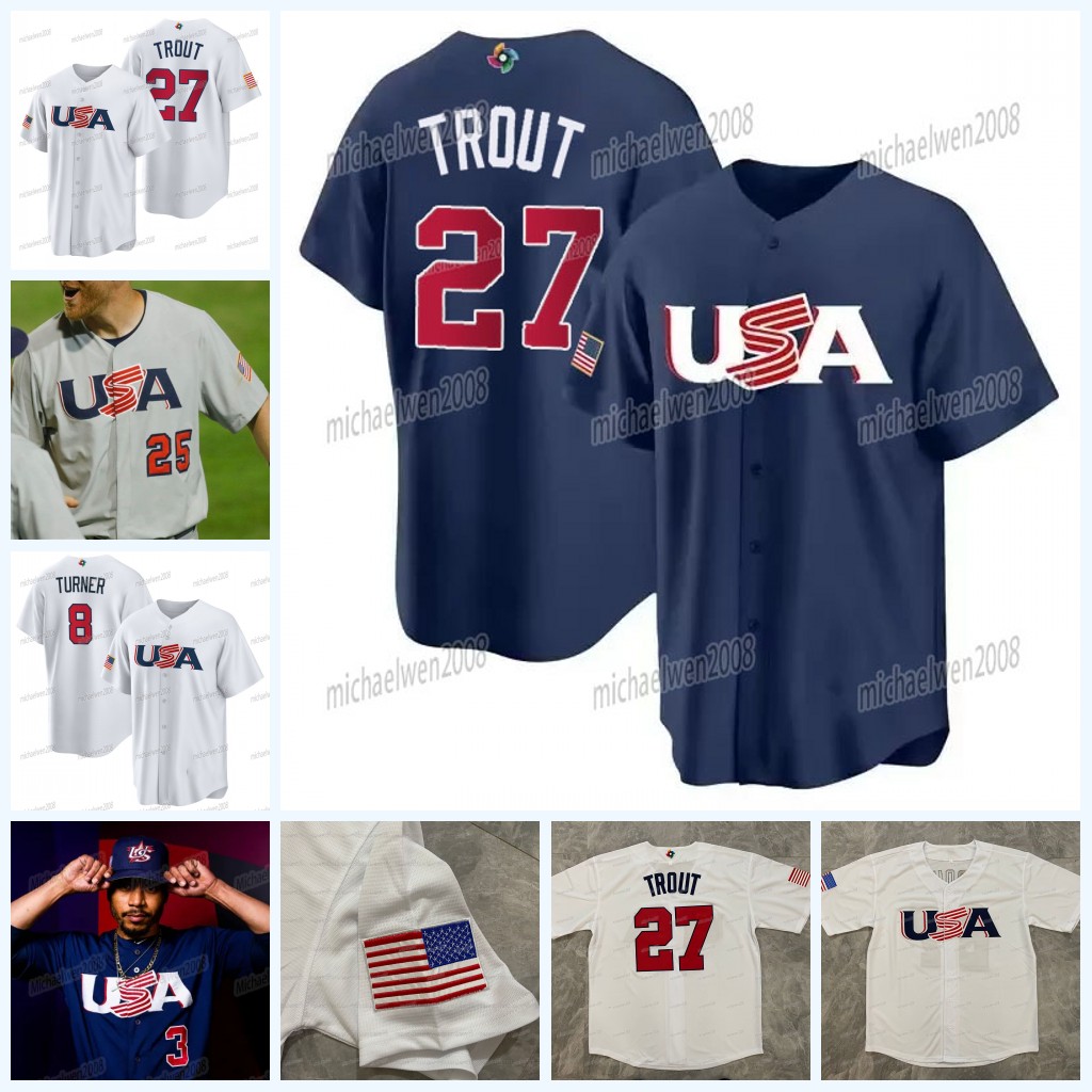 

27 Mike Trout Team USA 2023 World Baseball Classic Jersey WBC Mookie Betts Nolan Arenado Pete Alonso Trea Turner J. T. Realmuto Clayton Kershaw Anderson Jeff McNeil, Men cool base