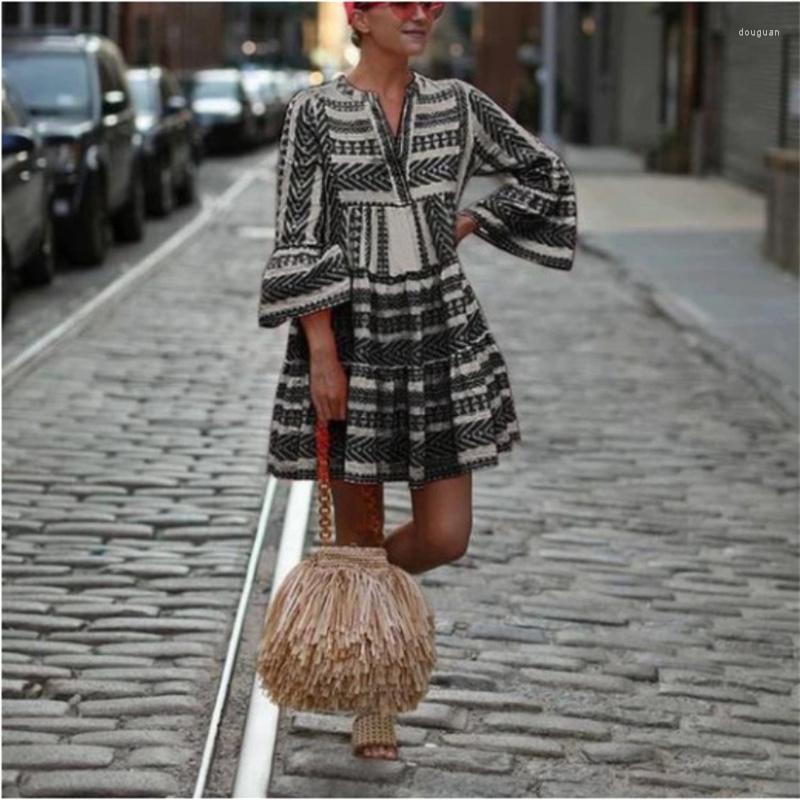 

Casual Dresses 2023 Women Summer Boho Mini Striped Printing Dress Flare Sleeve Flowy Beach Party Large Size Fashion V-Neck Loose, Black
