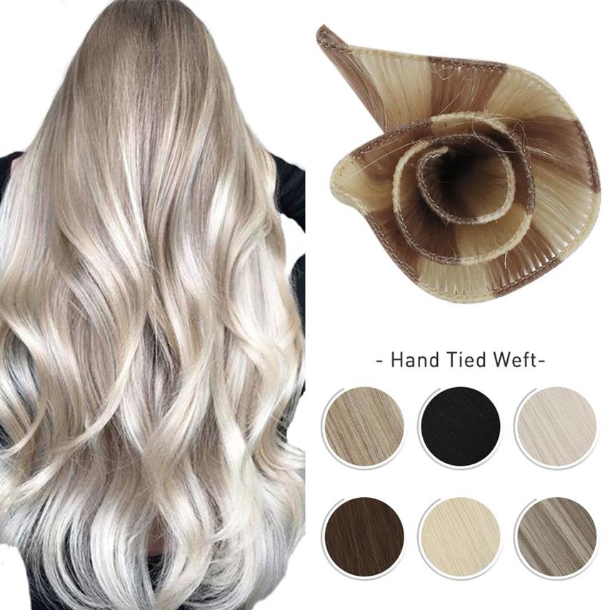 

10A Hand Tied Weft Hair Extensions 100% Virgin Human Hair Silky Straight Invisible Brazilian Blonde Sew in Bundles Handmade266r, #1
