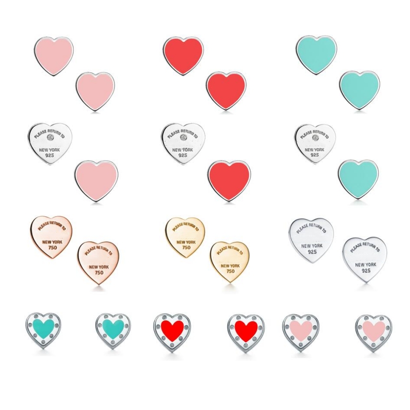 

Tiff Stud Earrings Designer For Women Classic Brand Hot Selling Pink Blue Red Enamel Heart Earrings Female 925 Sterling Silver Personality Luxury Fashion Jewelry