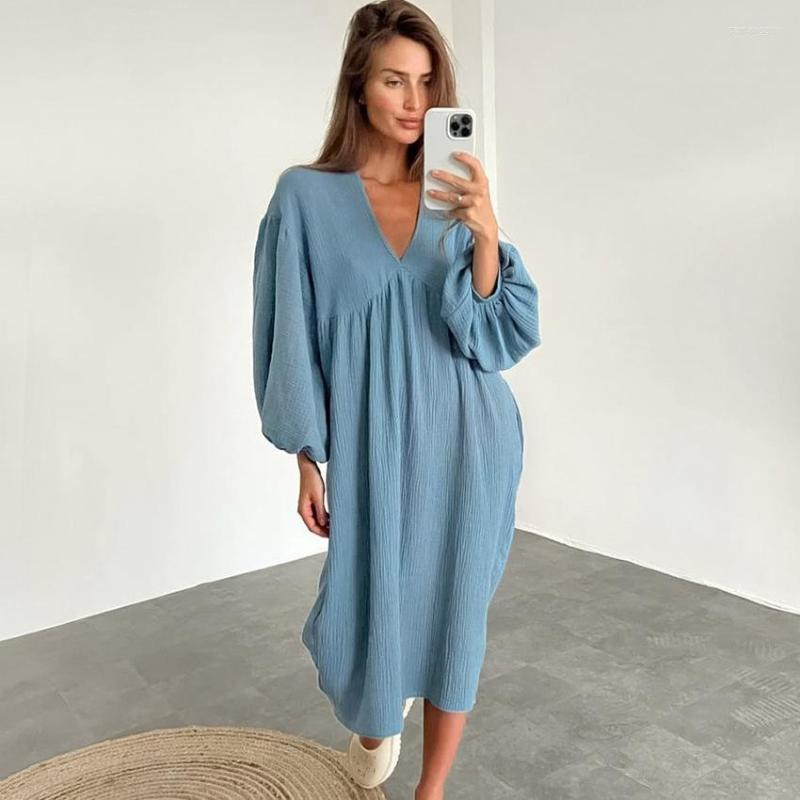 

Women' Sleepwear Solid Color Long Sleeves Women Nightgown Sleepdress Loose Casual Home Morning Gown Dress V Neck Loungewear, Blue