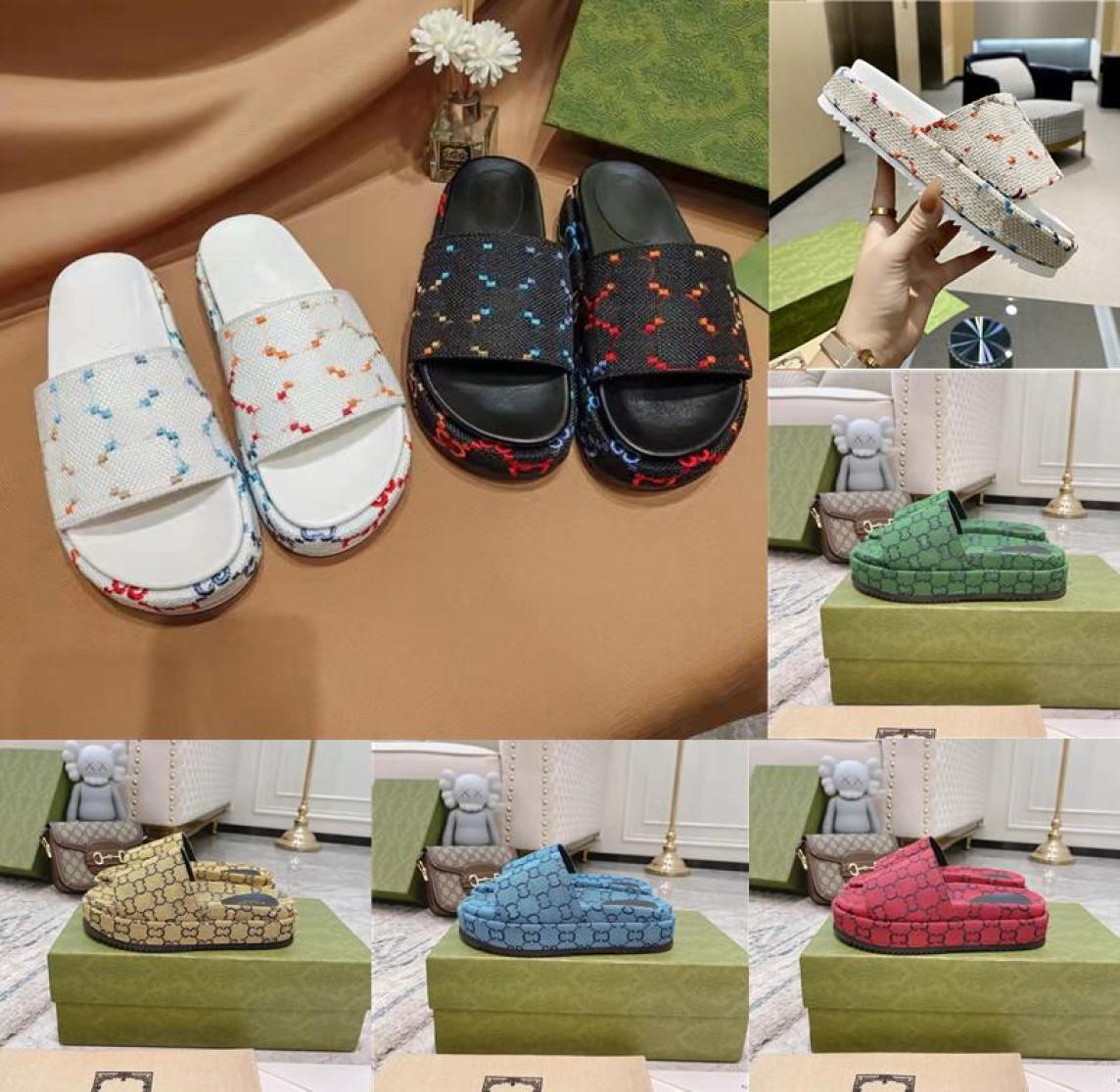 

Luxury Designer Sandals Men and Women Canvas Platform Slippers Classic Slides Embroide red Rubber Floral Brocade Flip Flops Outdoo6371263, White