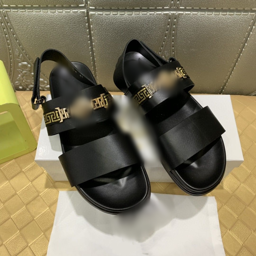 

Top luxury fashion men sandals gold buckle flat cool designer mens casual sandal, Black