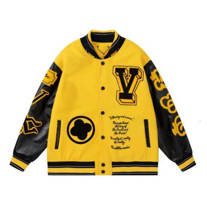 

Men Embroidery Unisex Fashion Oversized Hip Hop Varsity Baseball Jacket Leather Sleeve Hi Street Loose Fit Letterman Coat Outerwear, Yellow