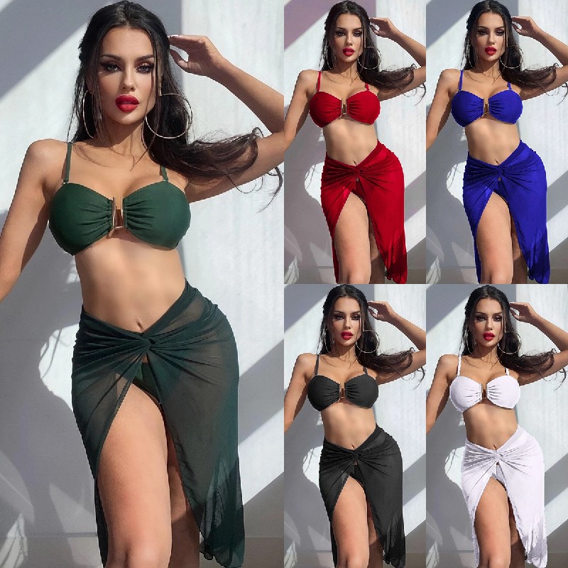 

Bikini Sets for Women Beach Bikini Women's Three Piece Swimsuit Swimwear Women's Split Mesh Solid Red Bikini Sexy bikini beach