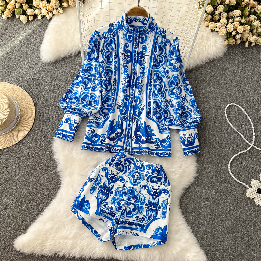 

Women Vintage Two Piece Clothing Short Set Floral Print Lantern Sleeve Blouse Shirts And Pockets Belt Shorts Suit, Extra amount