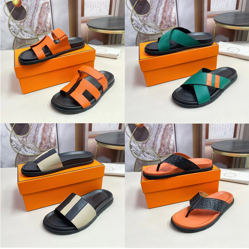 

2023 Designer man sandals outdoors Beach Slide Slippers mens luxury fashion 100% leather H slippers Nylon patch flat shoe Personalized home non-slip sandal sizes 38-45