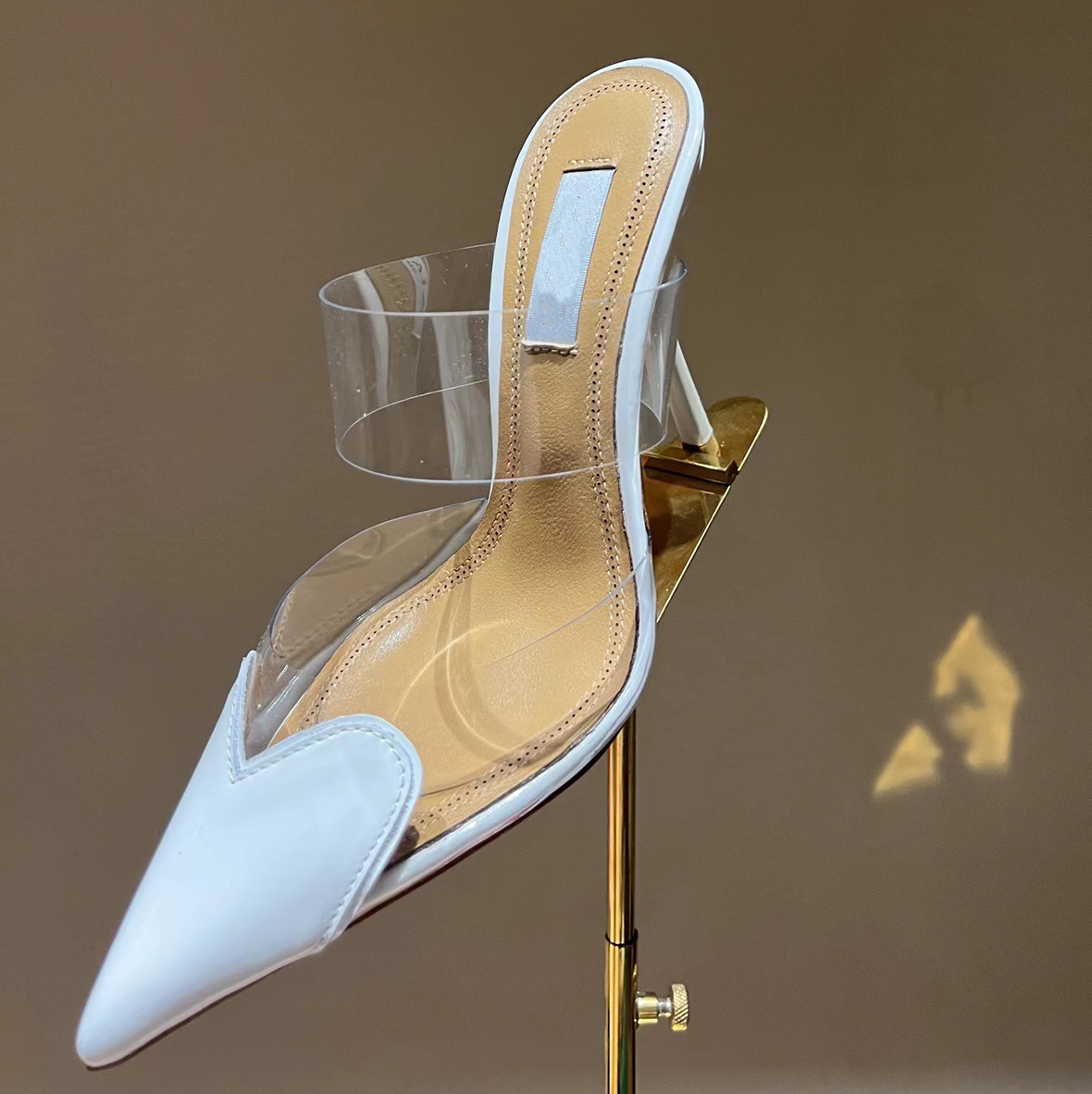 

Comfortable sandals Designer high heeled slippers Women 10.5CM stiletto dress shoes Pointed toe wrap PVC transparent crystal fashion patent leather party shoe, Red+rhinestone