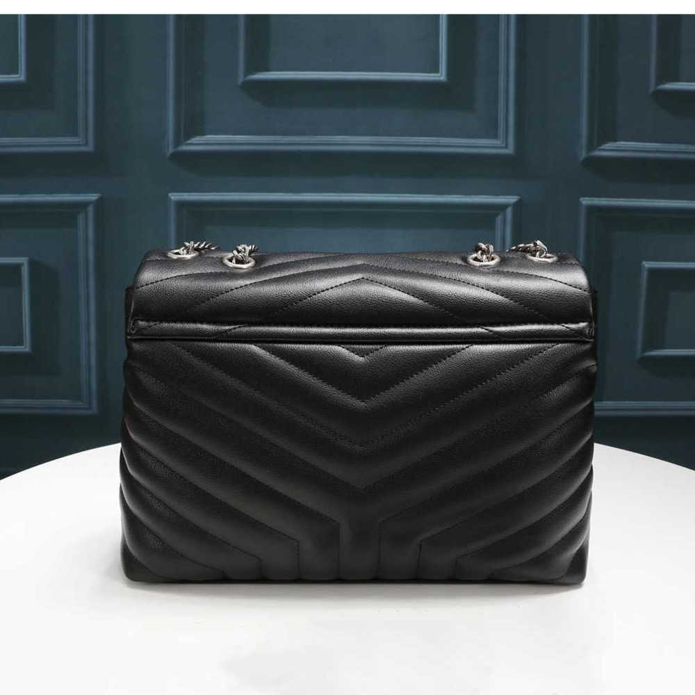 

howellwong Designer LOULOU Shoulder Bag Matelasse Calfskin YQuilted Overstitching Leather And Grosgrain Lining Large capacity Message, Black silver chain