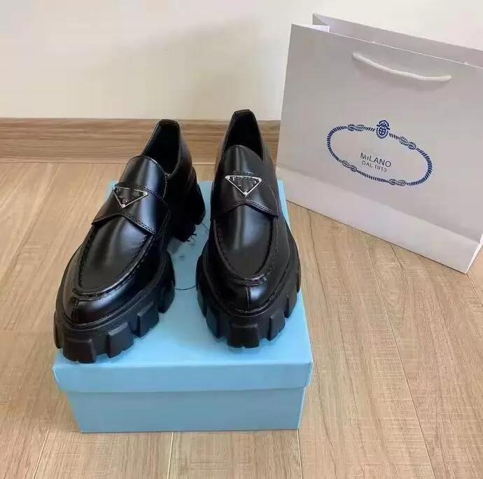 

With Box Women Shoes Luxury Designer Brand Dress Shoe Metal Triangle Logo Monolith Brushed Leather Loafers Platform Heel Pointed and Round Toes EU35-40, 23