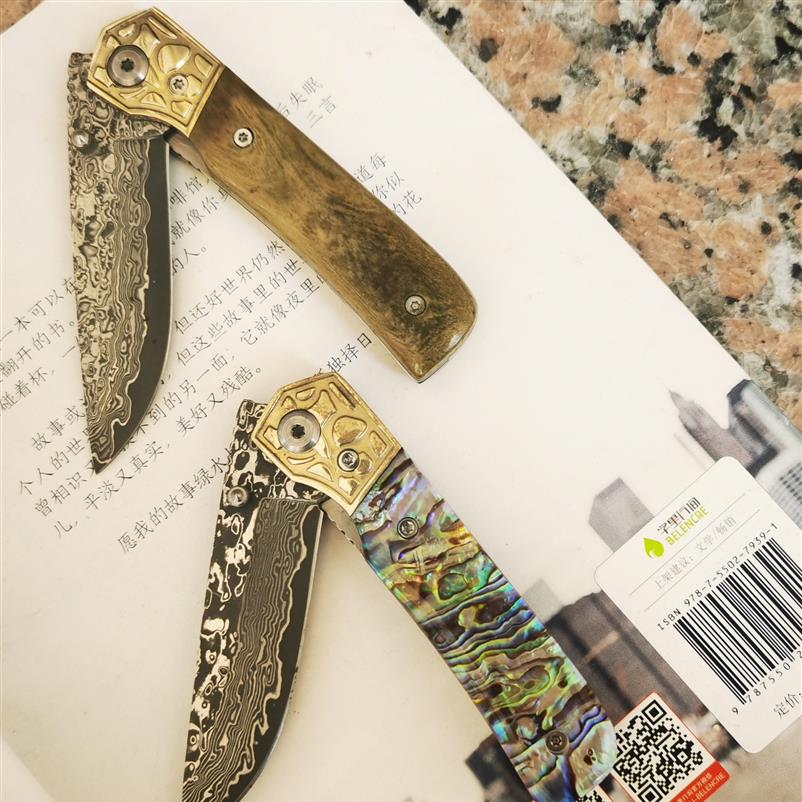

great quality mini damascus sharp blade linerlock abalone handle folding knife tactical outdoor camping hiking knives men gift too2489