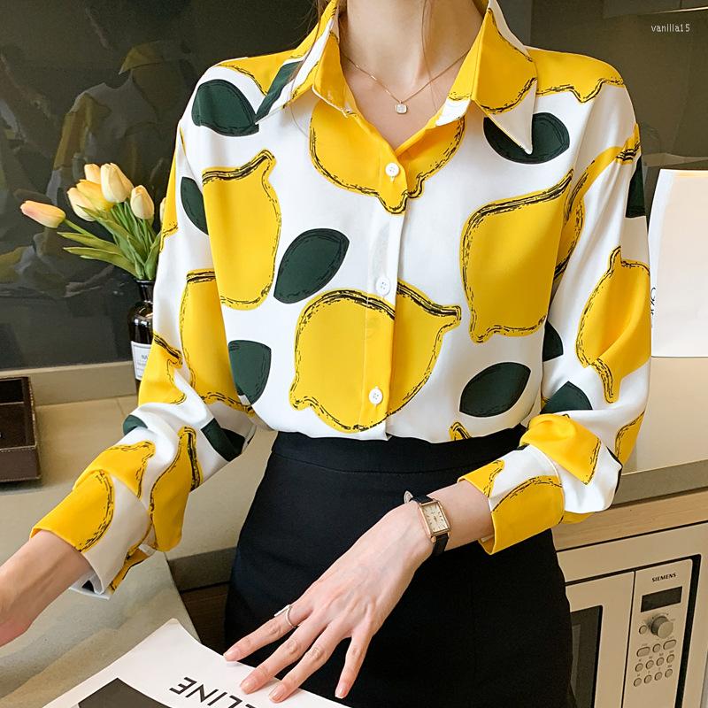 Women's Blouses 2023 Summer Lemon Print White Black Blouse And Shirt Elegant Long Sleeve Shirts Chiffon Vintage Tops Blusas Y Camisas